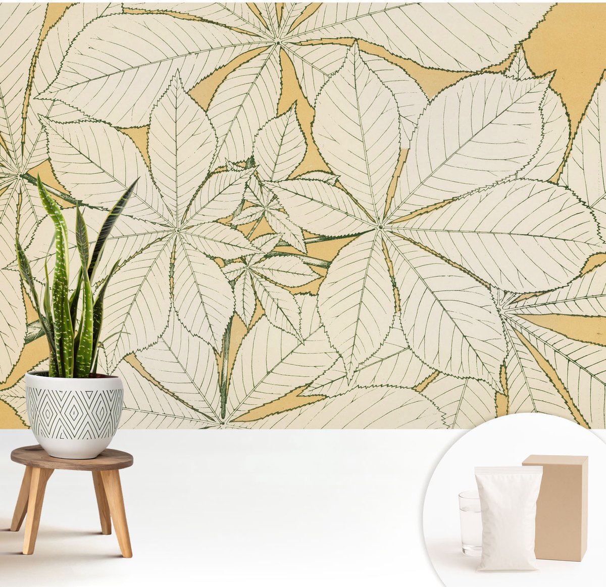 Wallfluent Fotobehang - Beige Vliesbehang - 208x146 cm - Kastanjebladeren Muurschildering - Slaapkamer behang Bloemen En Planten - Fotobehang Vlies - Slaapkamer behang