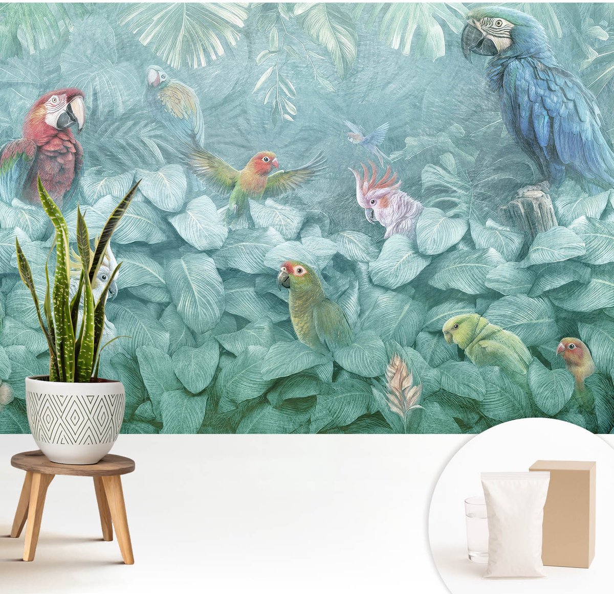 Wallfluent Fotobehang - Groente Vliesbehang - 208x146 cm - Exotische Vogels Muurschildering - Slaapkamer behang Dieren - Fotobehang Vlies - Gang behang