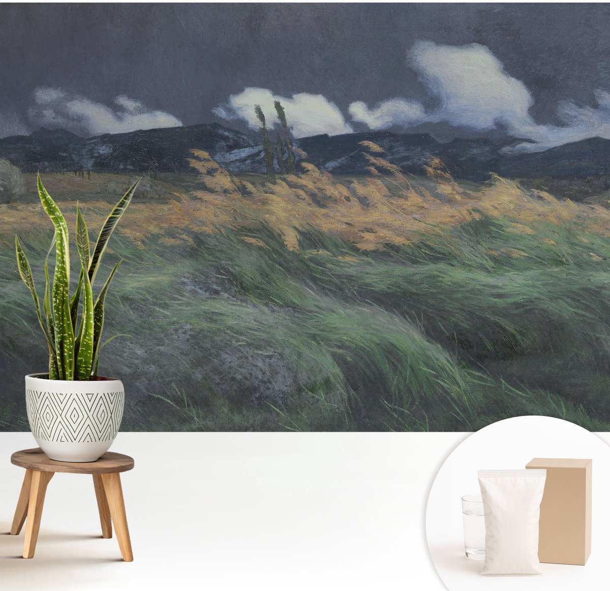 Wallfluent Fotobehang - Grijs Vliesbehang - 208x146 cm - Door De Wind Meegevoerde Grassen Muurschildering - Slaapkamer behang Landschappen - Fotobehang Vlies - Slaapkamer behang