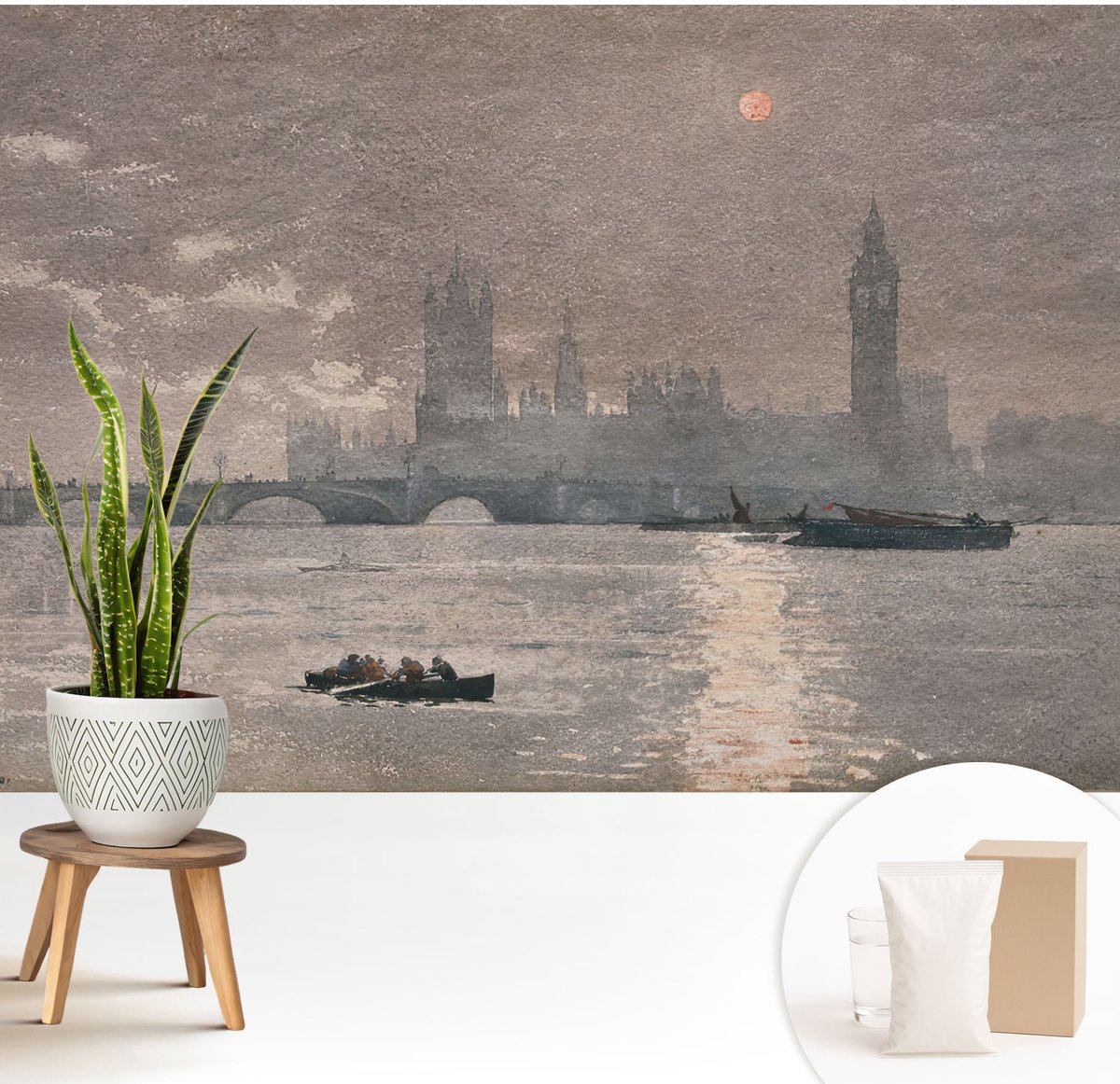 Wallfluent Fotobehang - Grijs Vliesbehang - 208x146 cm - Nachtpanorama Muurschildering - Slaapkamer behang Landschappen - Fotobehang Vlies - Slaapkamer behang