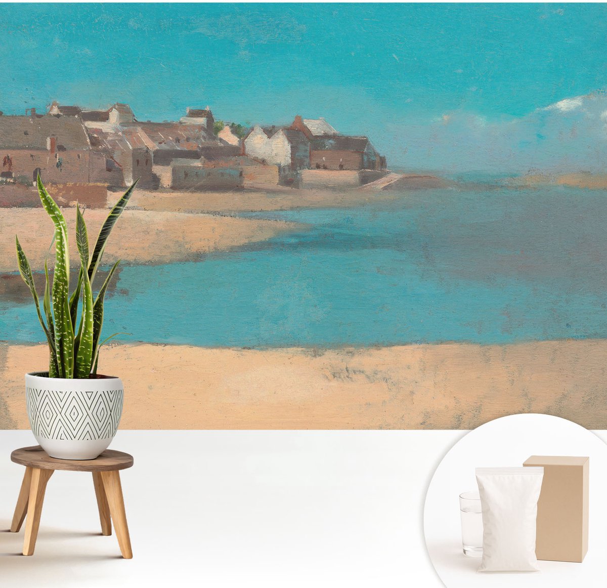 Wallfluent Fotobehang - Blauw Vliesbehang - 208x146 cm - Een Rustig Dorp Muurschildering - Slaapkamer behang Landschappen - Fotobehang Vlies - Gang behang