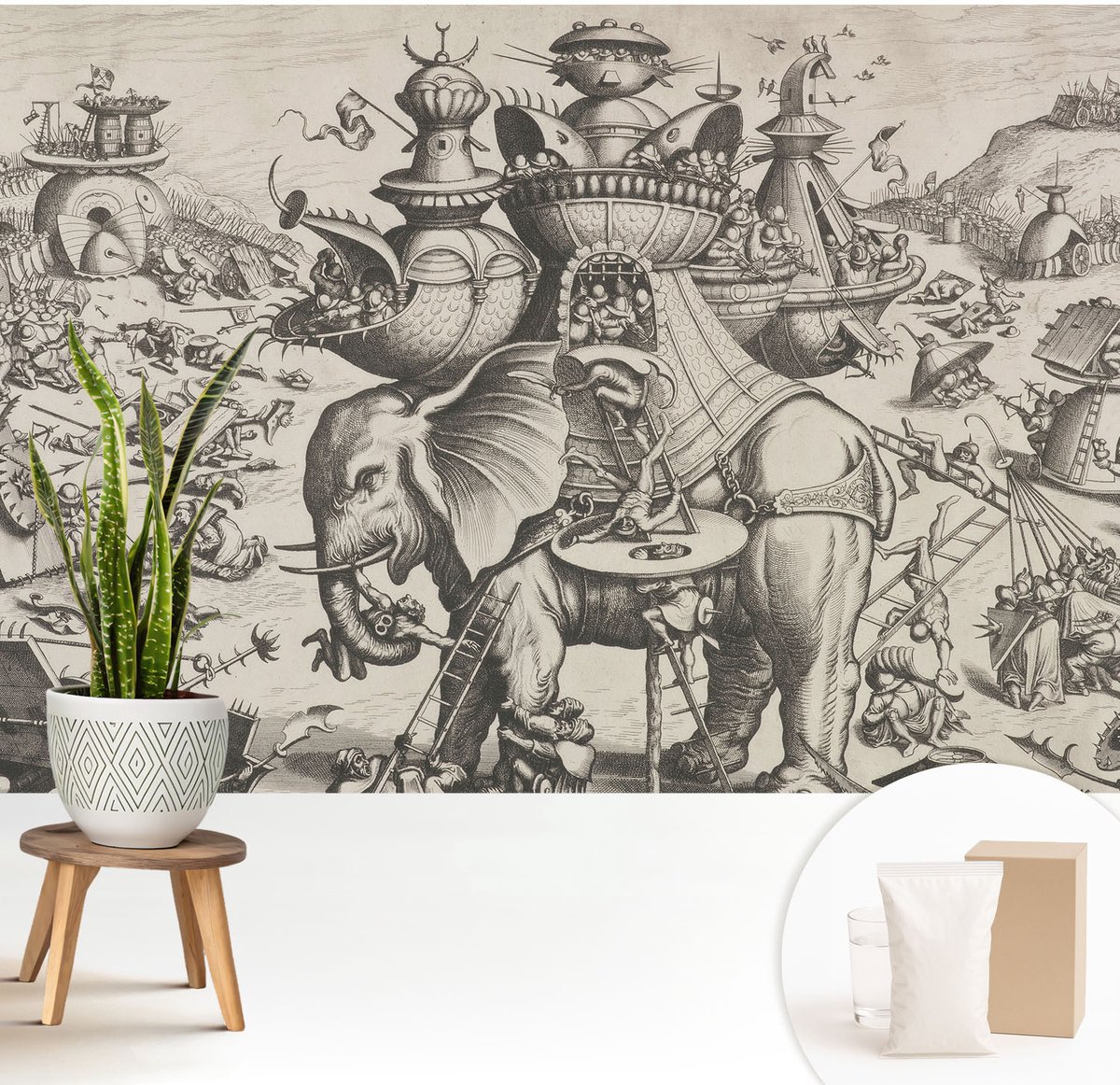 Wallfluent Fotobehang - Zwart-Wit Vliesbehang - 208x146 cm - Een Groteske Strijd Fotobehang Vlies - Woonkamer behang Deel - Muurschildering - Woonkamer behang