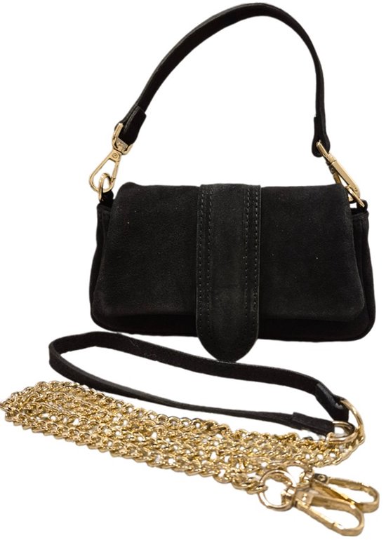 Zwarte suède tas met korte hengsel, gouden schakelketting en goudkleurige details.