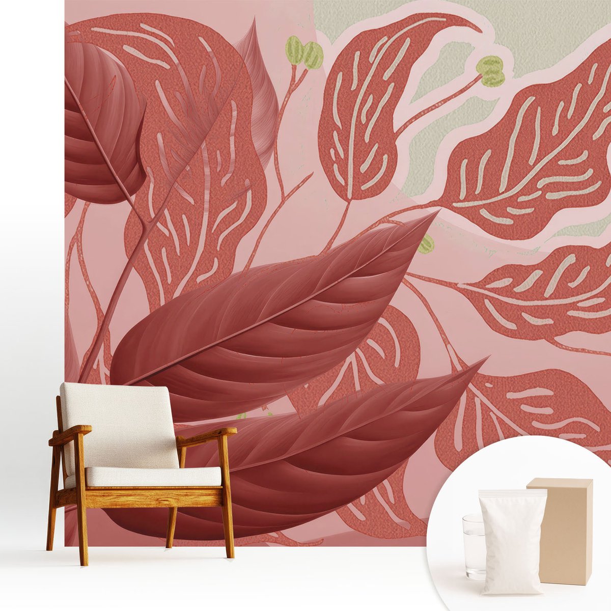 Wallfluent Fotobehang - Rood Vliesbehang - 250x250 cm - Biologische Bladeren Fotobehang Vlies - Woonkamer behang Bloemen En Planten - Muurschildering - Woonkamer behang