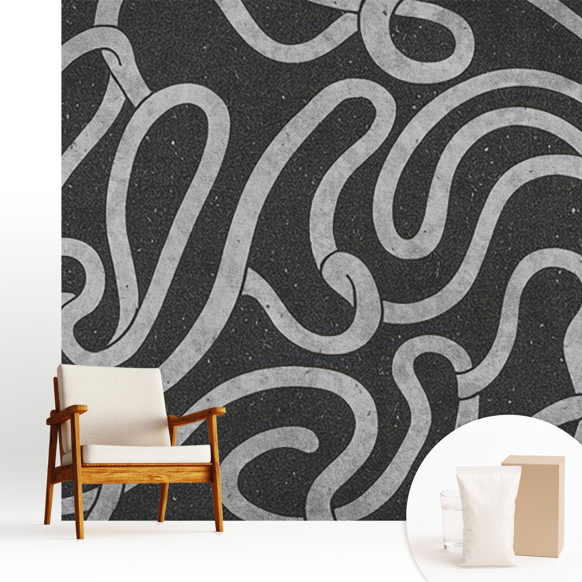 Wallfluent Fotobehang - Zwart Vliesbehang - 250x250 cm - Gedraaide Vormen Muurschildering - Slaapkamer behang Texturen - Fotobehang Vlies - Slaapkamer behang
