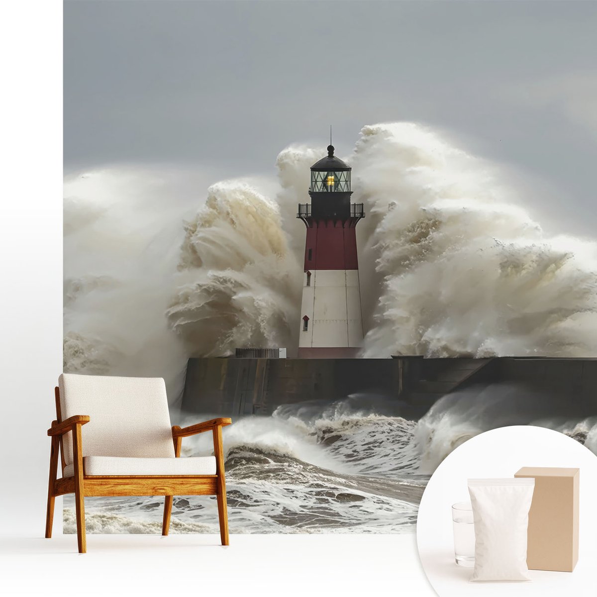 Wallfluent Fotobehang - Grijs Vliesbehang - 250x250 cm - Zeegolven Fotobehang Vlies - Hal behang Landschappen - Muurschildering - Woonkamer behang