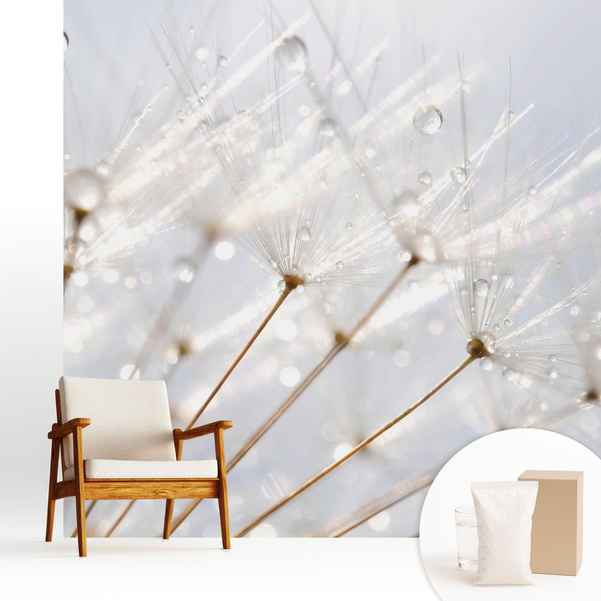 Wallfluent Fotobehang - Wit Vliesbehang - 250x250 cm - Roze Paardenbloem Fotobehang Vlies - Hal behang Bloemen En Planten - Muurschildering - Hal behang