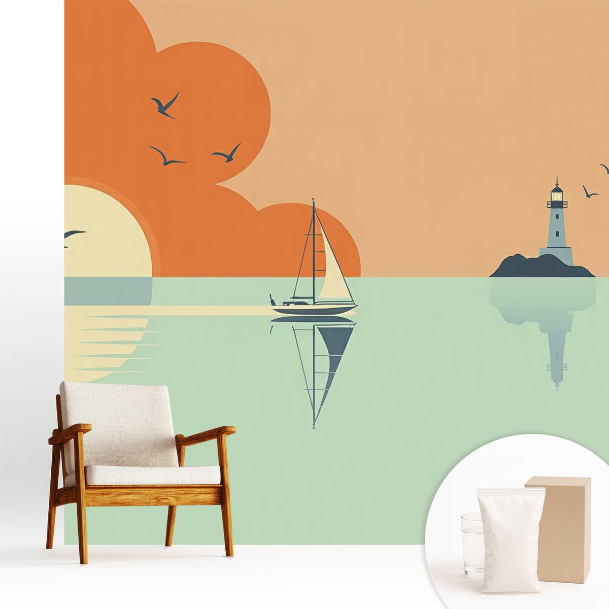 Wallfluent Fotobehang - Oranje Vliesbehang - 250x250 cm - Zeegenot Muurschildering - Slaapkamer behang Landschappen - Fotobehang Vlies - Slaapkamer behang
