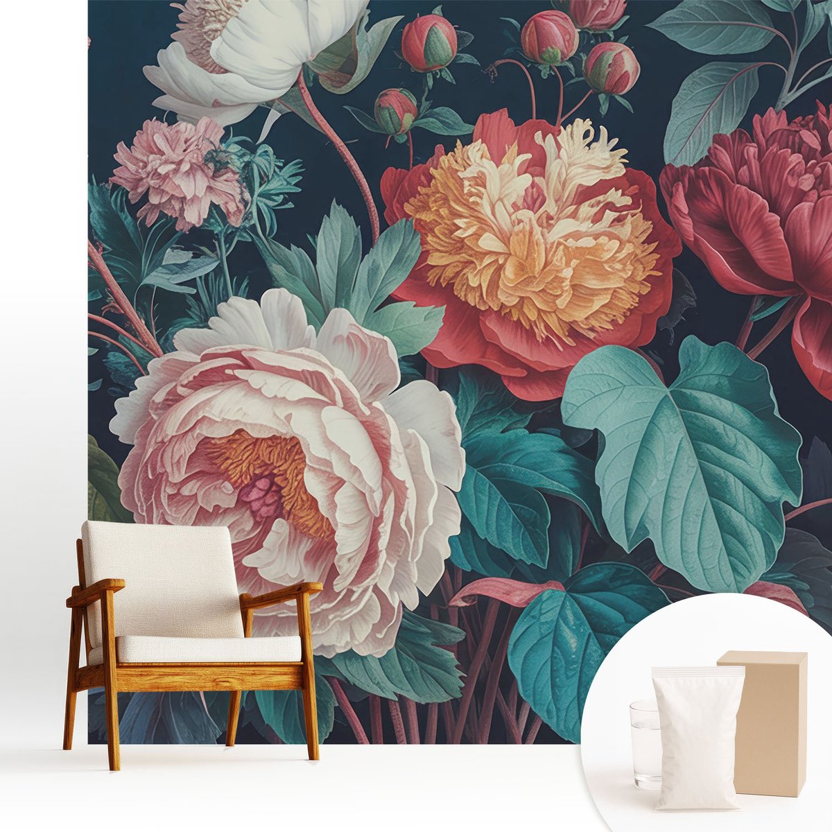 Wallfluent Fotobehang - Wit Vliesbehang - 250x250 cm - Kleurrijke Bloemen Muurschildering - Gang behang Bloemen En Planten - Fotobehang Vlies - Gang behang