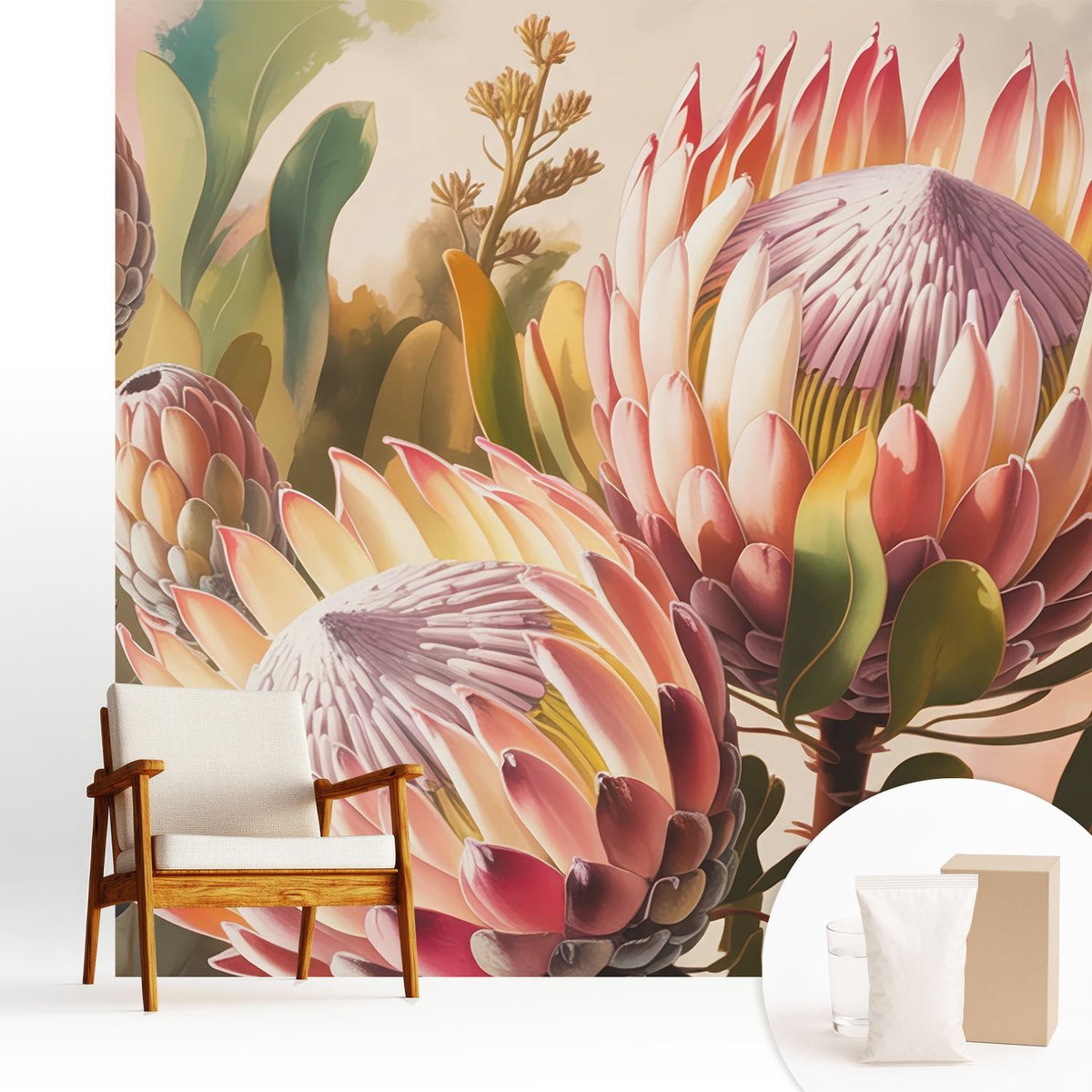 Wallfluent Fotobehang - Roze Vliesbehang - 250x250 cm - Protea-Bloemen Muurschildering - Slaapkamer behang Bloemen En Planten - Fotobehang Vlies - Slaapkamer behang