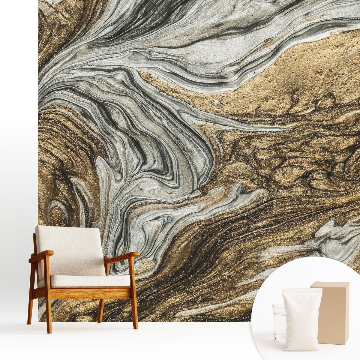 Wallfluent Fotobehang - Grijs Vliesbehang - 250x250 cm - Abstracte Wervelingen Muurschildering - Slaapkamer behang Abstractie - Fotobehang Vlies - Slaapkamer behang