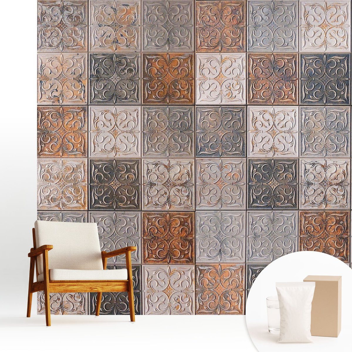 Wallfluent Fotobehang - Grijs Vliesbehang - 250x250 cm - Siertegels Muurschildering - Slaapkamer behang Achtergronden En Patronen - Fotobehang Vlies - Gang behang
