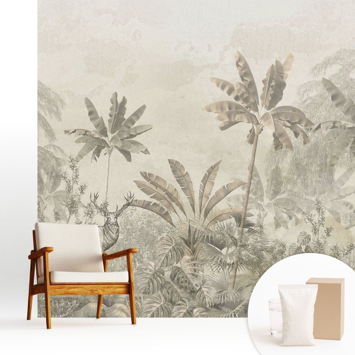 Wallfluent Fotobehang - Grijs Vliesbehang - 250x250 cm - Tropische Jungle Muurschildering - Slaapkamer behang Bloemen En Planten - Fotobehang Vlies - Slaapkamer behang
