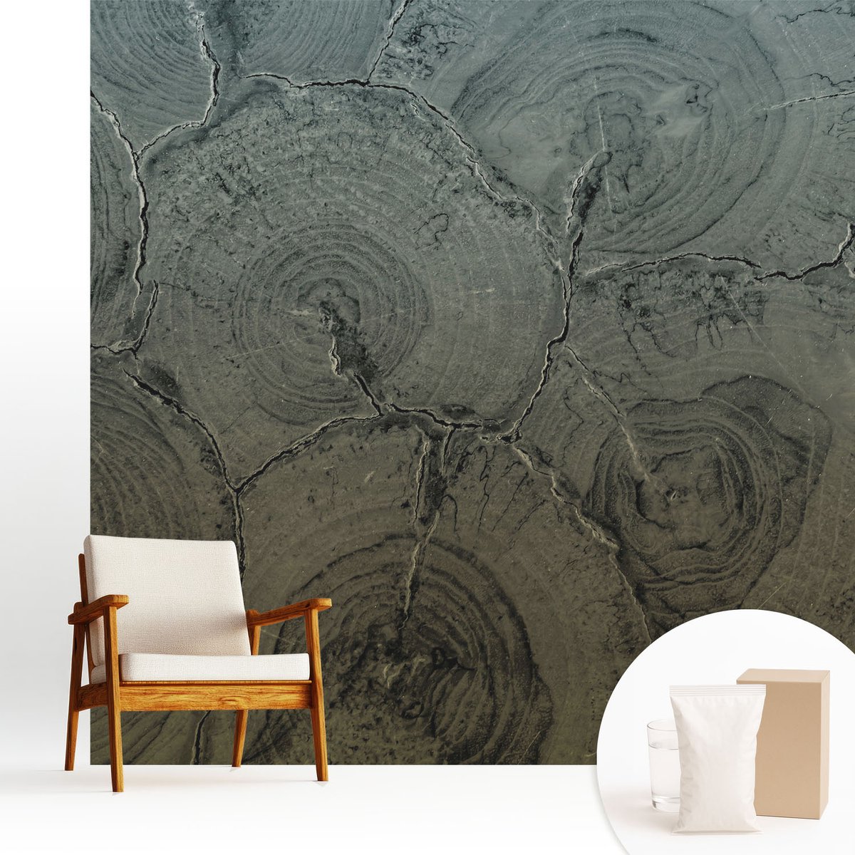 Wallfluent Fotobehang - Grijs Vliesbehang - 250x250 cm - Houten Ringen Muurschildering - Slaapkamer behang Texturen - Fotobehang Vlies - Slaapkamer behang