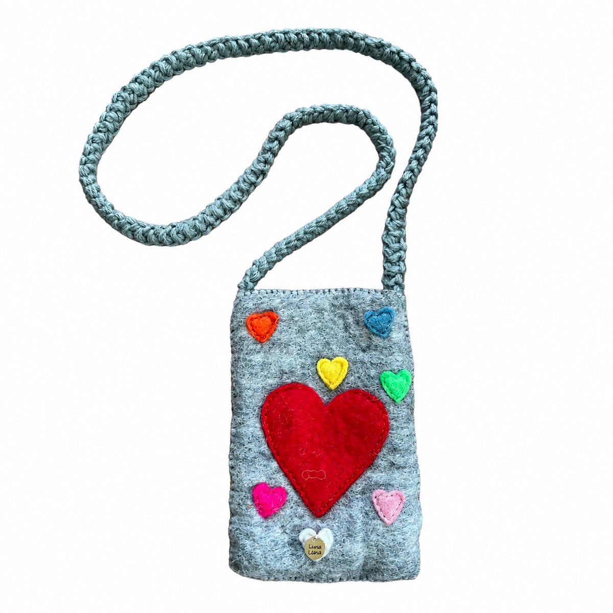 Luna-Leena duurzame kindertas met hart - l grijs - één vak - wol vilt - hand gemaakt in Nepal - tas - schoudertas - heart shoulder kidsbag - cadeau - gift accessoires