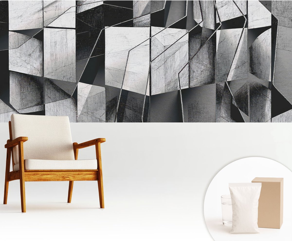 Wallfluent Fotobehang - Zwart-Wit Vliesbehang - 250x104 cm - Geometrische Abstractie Fotobehang Vlies - Hal behang Geometrie - Muurschildering - Woonkamer behang