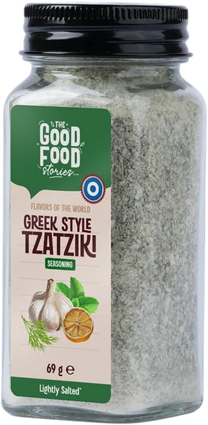 Pot Griekse Tzatziki kruidenmix met zwarte dop, 69g, met etiketinformatie over ingrediënten.