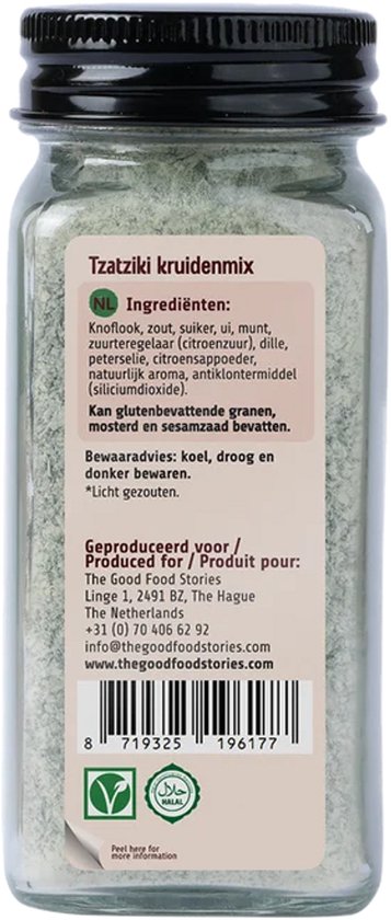 Achterkant van het potje Tzatziki kruidenmix met ingrediëntenlijst in het Nederlands.