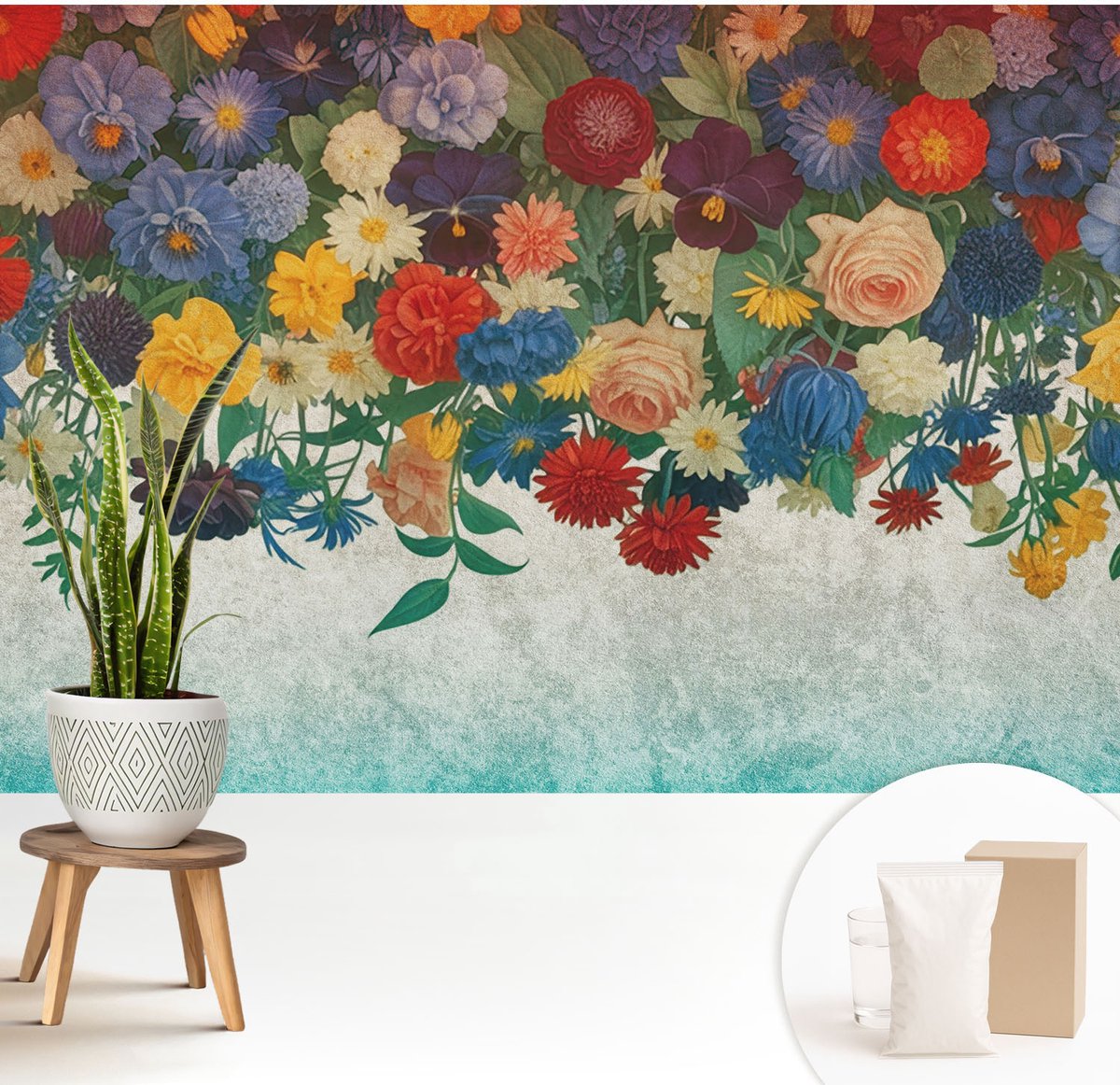 Wallfluent Fotobehang - Zwart Vliesbehang - 208x146 cm - Kleurrijke Bloemen Muurschildering - Gang behang Bloemen En Planten - Fotobehang Vlies - Slaapkamer behang