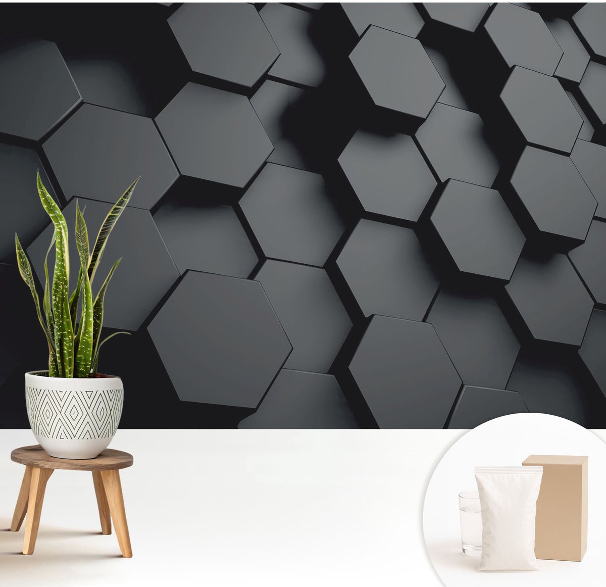 Wallfluent Fotobehang - Zwart Vliesbehang - 208x146 cm - 3D-Zeshoeken Muurschildering - Gang behang Geometrie - Fotobehang Vlies - Slaapkamer behang