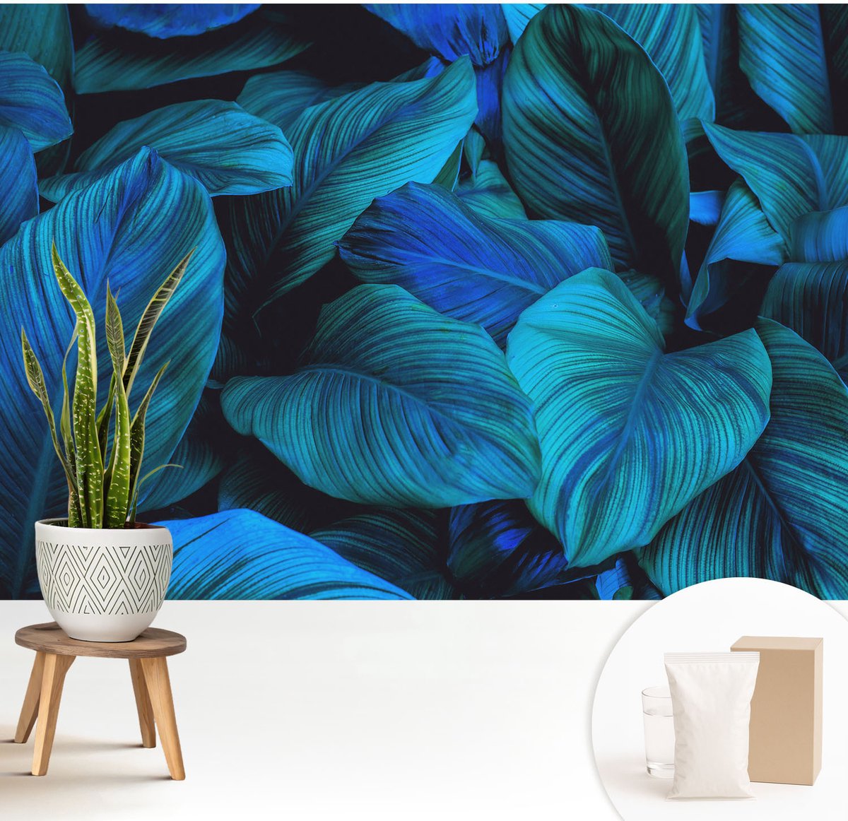 Wallfluent Fotobehang - Blauw Vliesbehang - 208x146 cm - Blauwe Bladeren Muurschildering - Gang behang Bloemen En Planten - Fotobehang Vlies - Slaapkamer behang