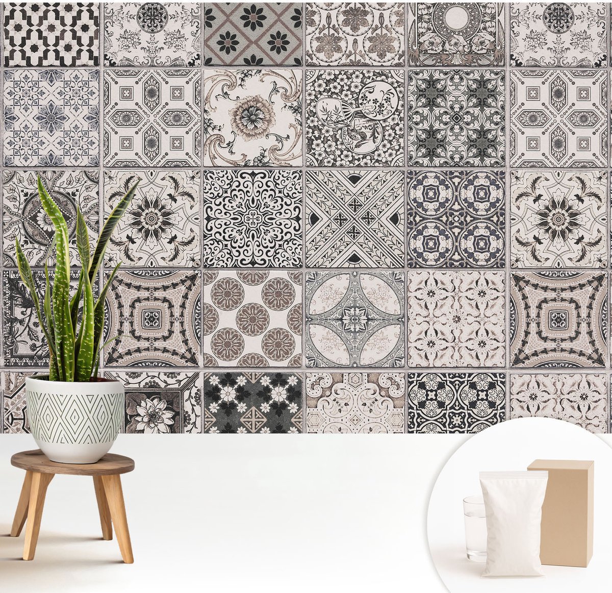 Wallfluent Fotobehang - Grijs Vliesbehang - 208x146 cm - Tegelpatronen Fotobehang Vlies - Woonkamer behang Texturen - Muurschildering - Hal behang