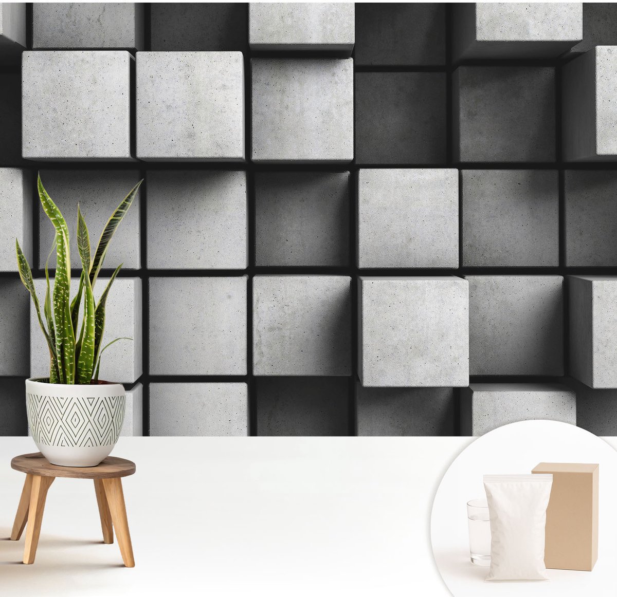 Wallfluent Fotobehang - Grijs Vliesbehang - 208x146 cm - Geometrische Kubussen Muurschildering - Gang behang Geometrie - Fotobehang Vlies - Slaapkamer behang