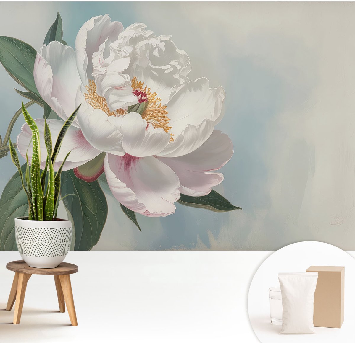 Wallfluent Fotobehang - Wit Vliesbehang - 208x146 cm - Prachtige Pioenroos Fotobehang Vlies - Woonkamer behang Bloemen En Planten - Muurschildering - Woonkamer behang