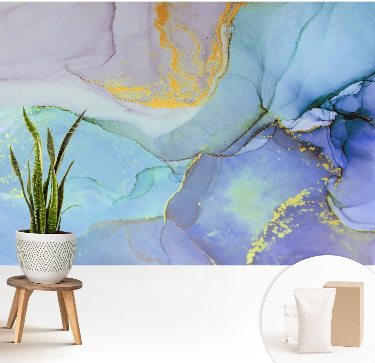 Wallfluent Fotobehang - Blauw Vliesbehang - 208x146 cm - Aquarelvormen Fotobehang Vlies - Woonkamer behang Abstractie - Muurschildering - Hal behang