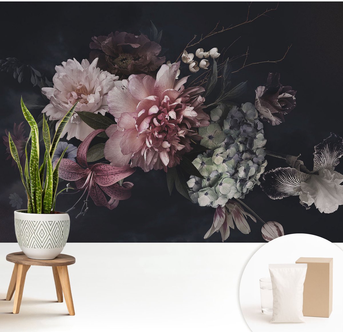 Wallfluent Fotobehang - Zwart Vliesbehang - 208x146 cm - Bloemarrangement Muurschildering - Slaapkamer behang Bloemen En Planten - Fotobehang Vlies - Gang behang