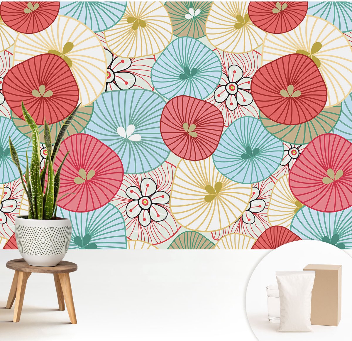 Wallfluent Fotobehang - Rood Vliesbehang - 208x146 cm - Bloemenpatroon Muurschildering - Gang behang Achtergronden En Patronen - Fotobehang Vlies - Slaapkamer behang