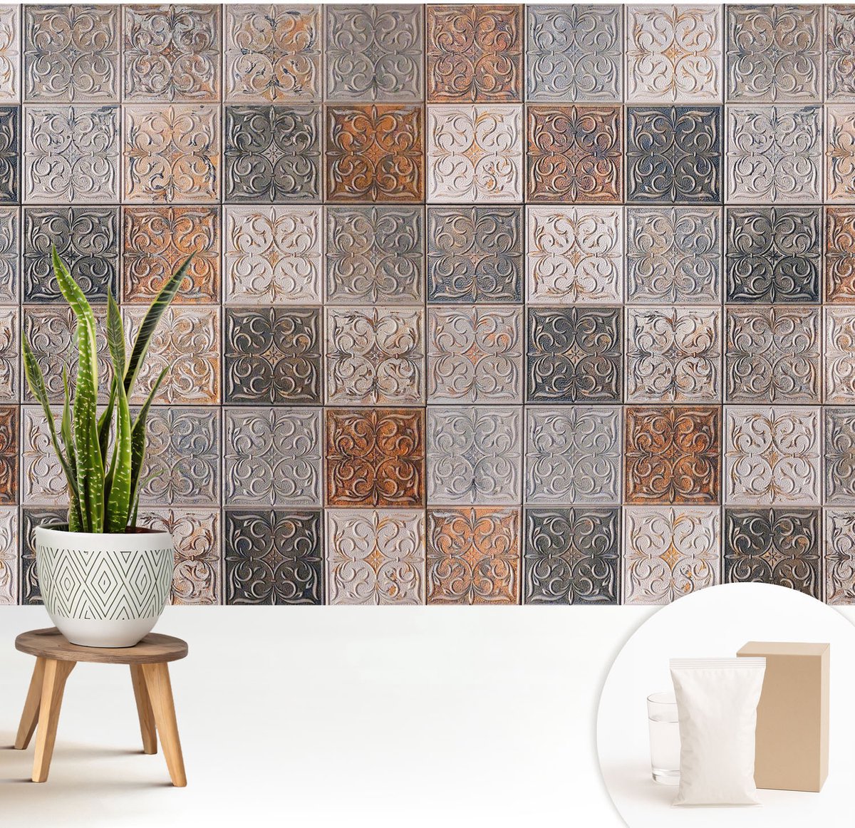 Wallfluent Fotobehang - Grijs Vliesbehang - 208x146 cm - Siertegels Muurschildering - Gang behang Achtergronden En Patronen - Fotobehang Vlies - Gang behang