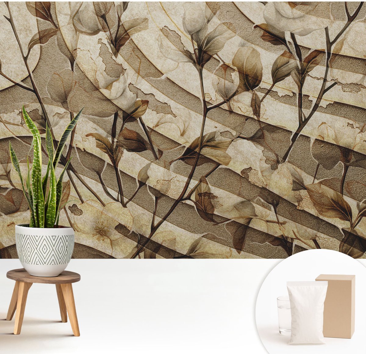 Wallfluent Fotobehang - Beige Vliesbehang - 208x146 cm - Klassieke Flora Fotobehang Vlies - Hal behang Bloemen En Planten - Muurschildering - Woonkamer behang