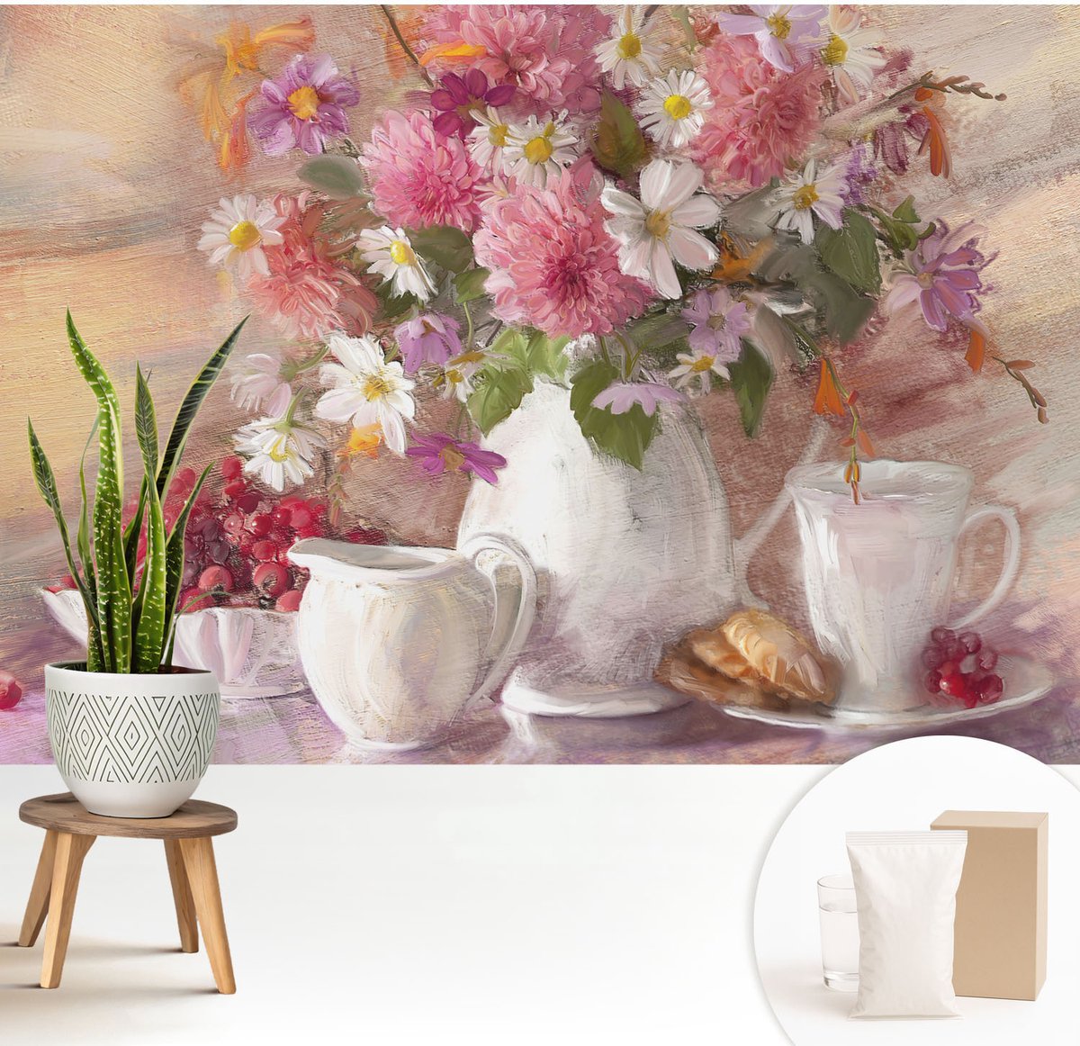 Wallfluent Fotobehang - Roze Vliesbehang - 208x146 cm - Wilde Bloemen Fotobehang Vlies - Woonkamer behang Bloemen En Planten - Muurschildering - Woonkamer behang
