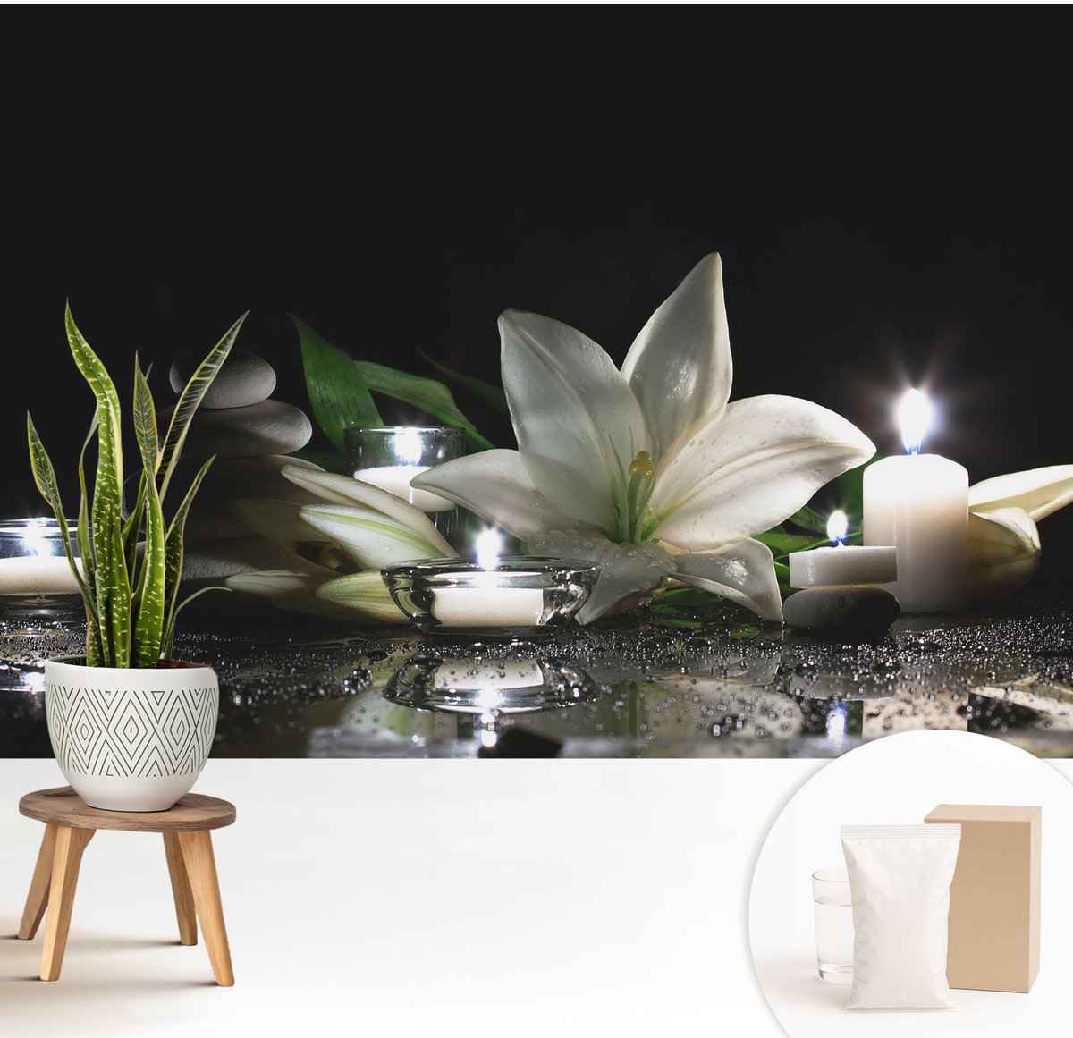 Wallfluent Fotobehang - Zwart Vliesbehang - 208x146 cm - Ontspannende Scène Muurschildering - Gang behang Bloemen En Planten - Fotobehang Vlies - Slaapkamer behang