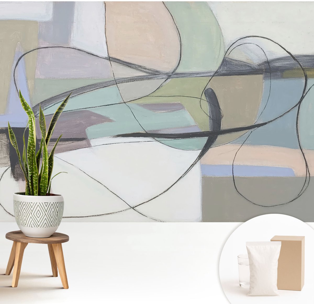 Wallfluent Fotobehang - Grijs Vliesbehang - 208x146 cm - Pastelkleurige Lijnen Muurschildering - Slaapkamer behang Abstractie - Fotobehang Vlies - Gang behang