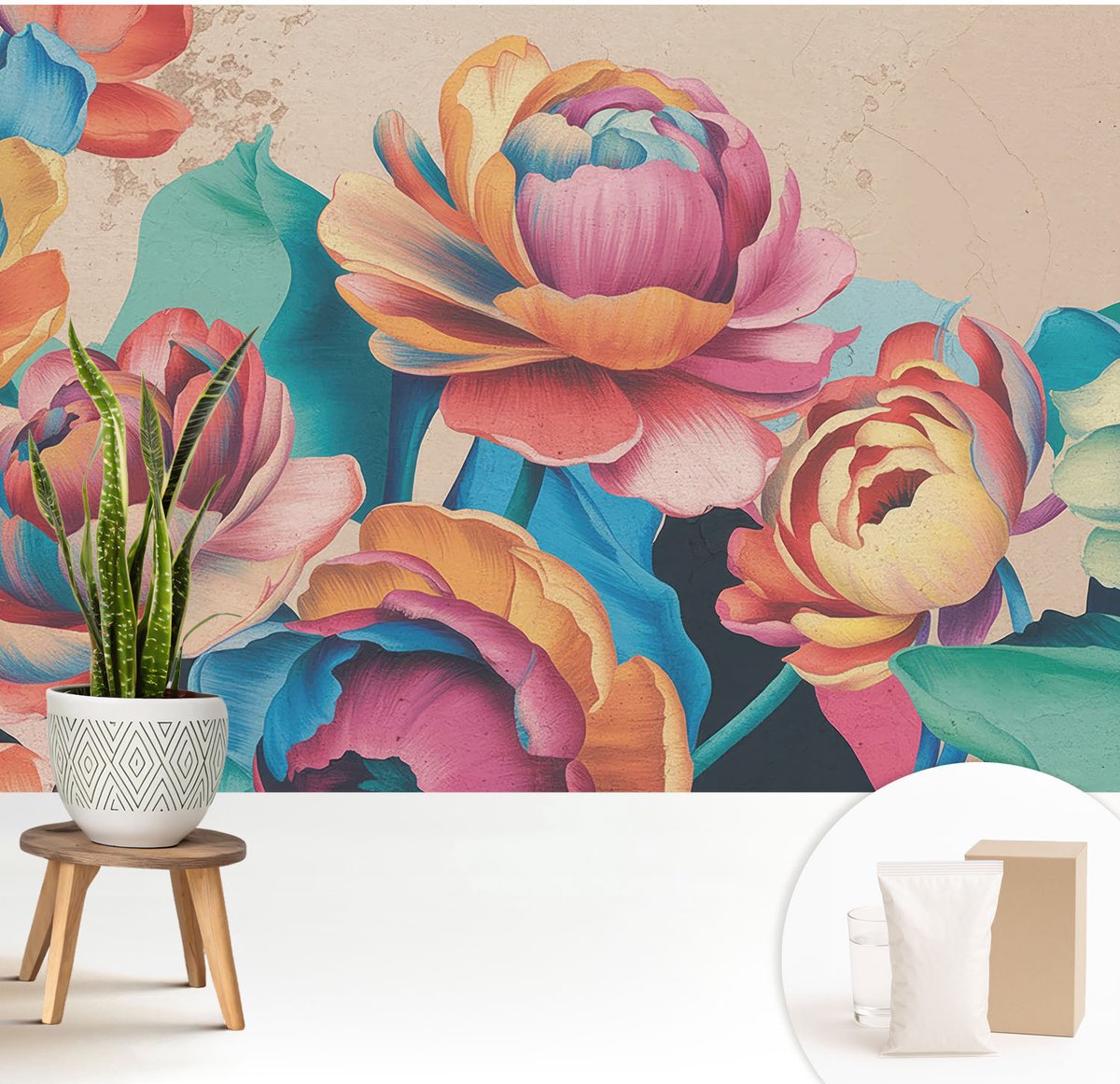 Wallfluent Fotobehang - Zwart Vliesbehang - 208x146 cm - Bloemenharmonie Fotobehang Vlies - Hal behang Bloemen En Planten - Muurschildering - Woonkamer behang