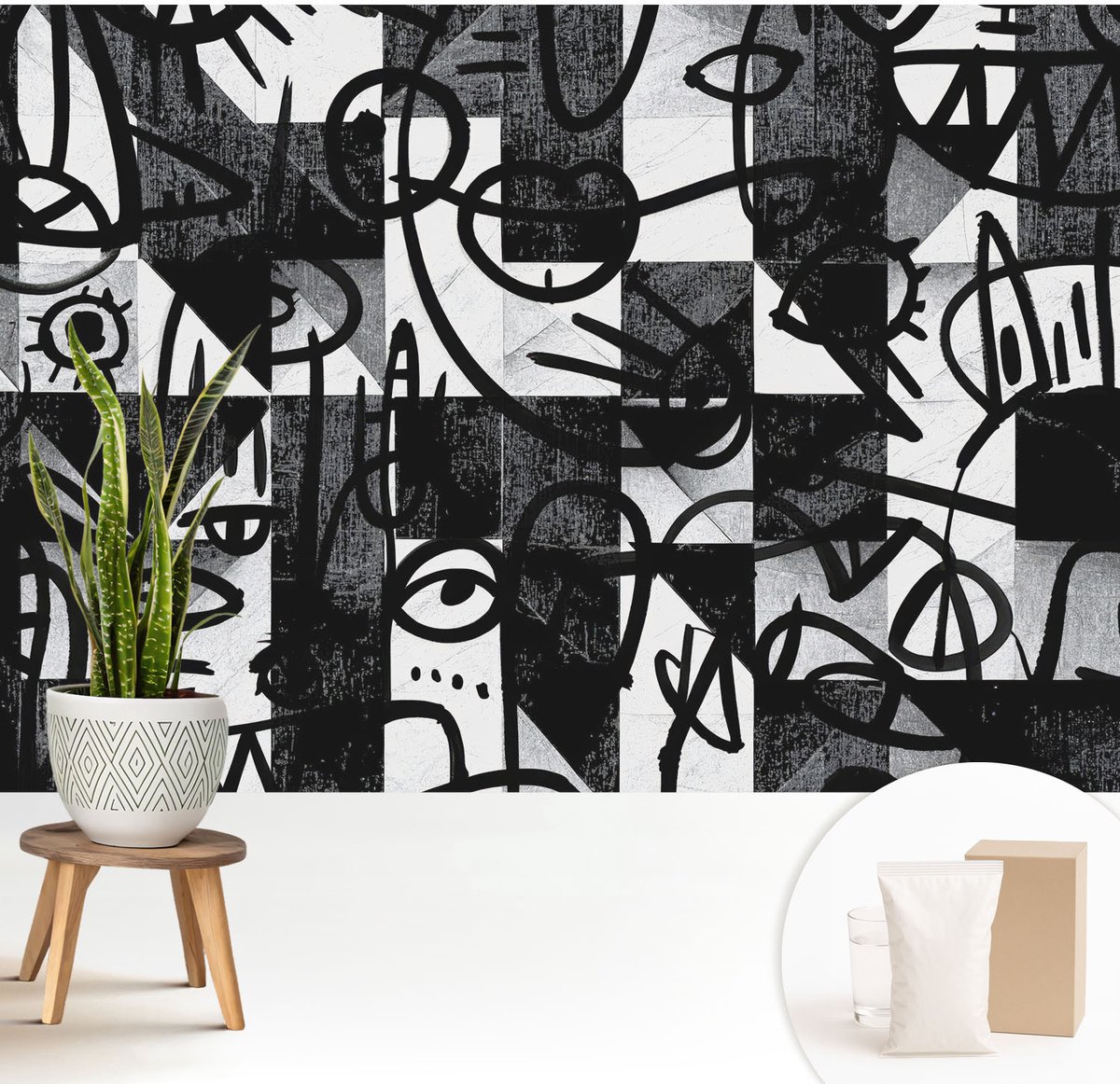Wallfluent Fotobehang - Zwart Vliesbehang - 208x146 cm - Chaos Tekenen Muurschildering - Gang behang Abstractie - Fotobehang Vlies - Slaapkamer behang