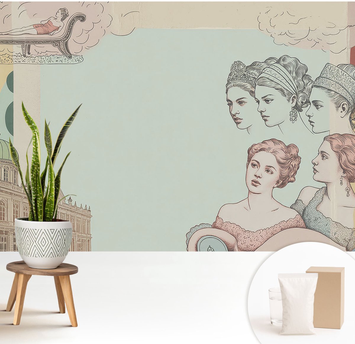 Wallfluent Fotobehang - Beige Vliesbehang - 208x146 cm - Klassieke Collage Fotobehang Vlies - Hal behang Deel - Muurschildering - Hal behang