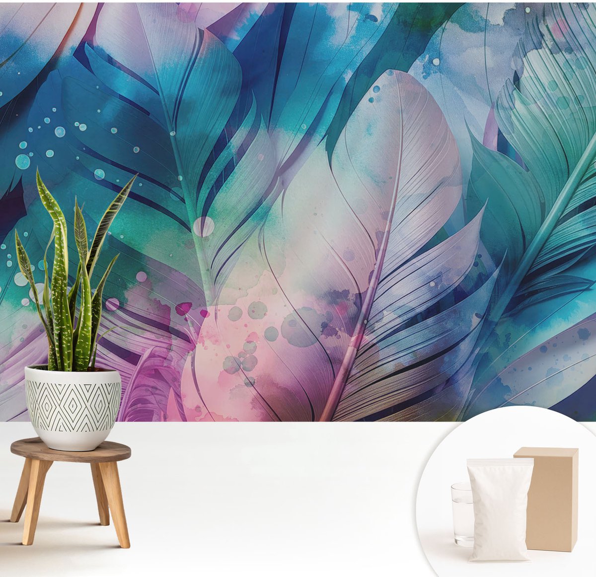 Wallfluent Fotobehang - Blauw Vliesbehang - 208x146 cm - Kleurrijke Veren Fotobehang Vlies - Hal behang Deel - Muurschildering - Woonkamer behang