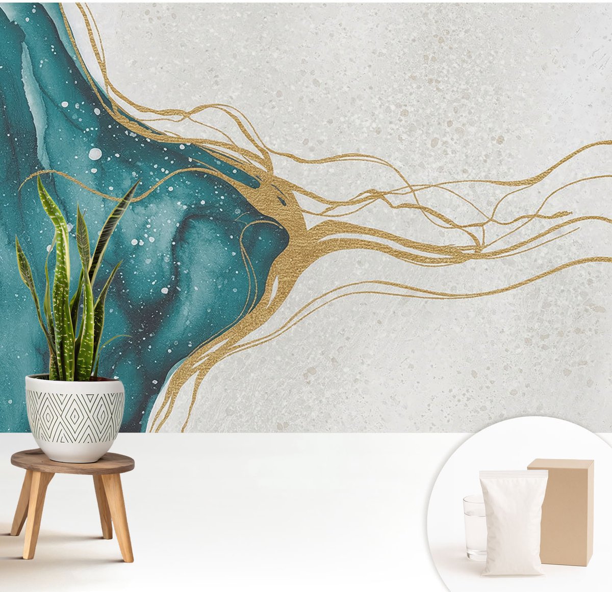 Wallfluent Fotobehang - Blauw Vliesbehang - 208x146 cm - Turkooizen Lijnen Muurschildering - Slaapkamer behang Abstractie - Fotobehang Vlies - Slaapkamer behang