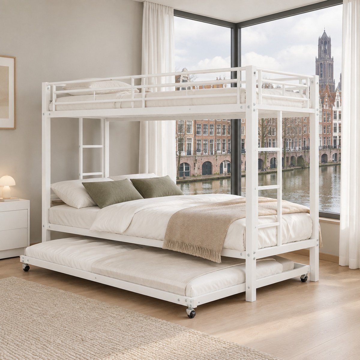 WUVRIE Stapelbed 90x200 cm met uitschuifbaar bed, hoge veiligheidshekken en ladder, wit