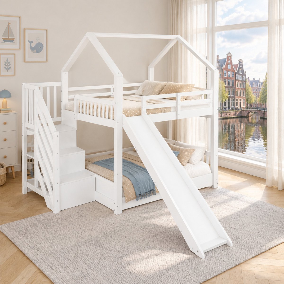 WUVRIE Stapelbed 140x200 cm met glijbaan, opbergtrap en hekken, huisbed voor kinderkamer, wit