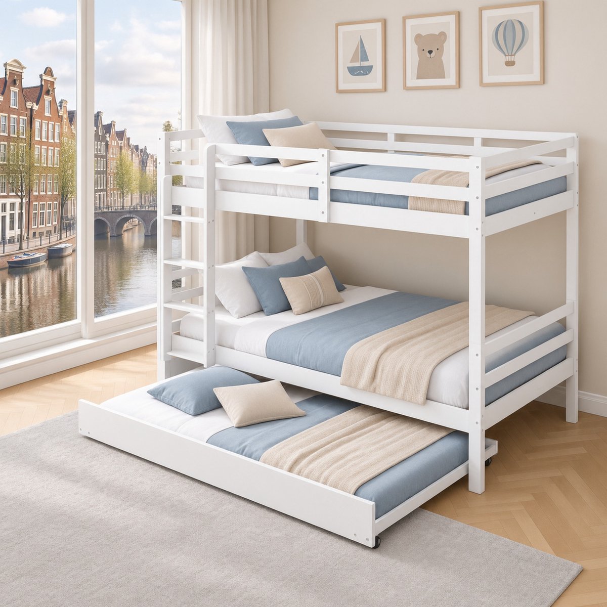 WUVRIE Stapelbed 140x200 cm met uitschuifbed, ladder en hoge uitvalbeveiliging, wit