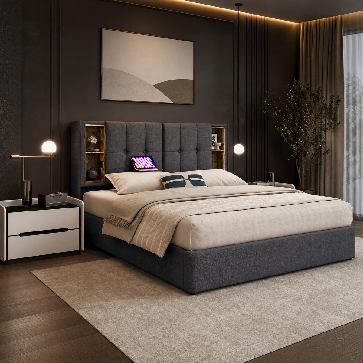 WUVRIE Opbergbed 140x200 cm met draadloos laden, USB en USB-C, open vakken en lattenbodem, grijs