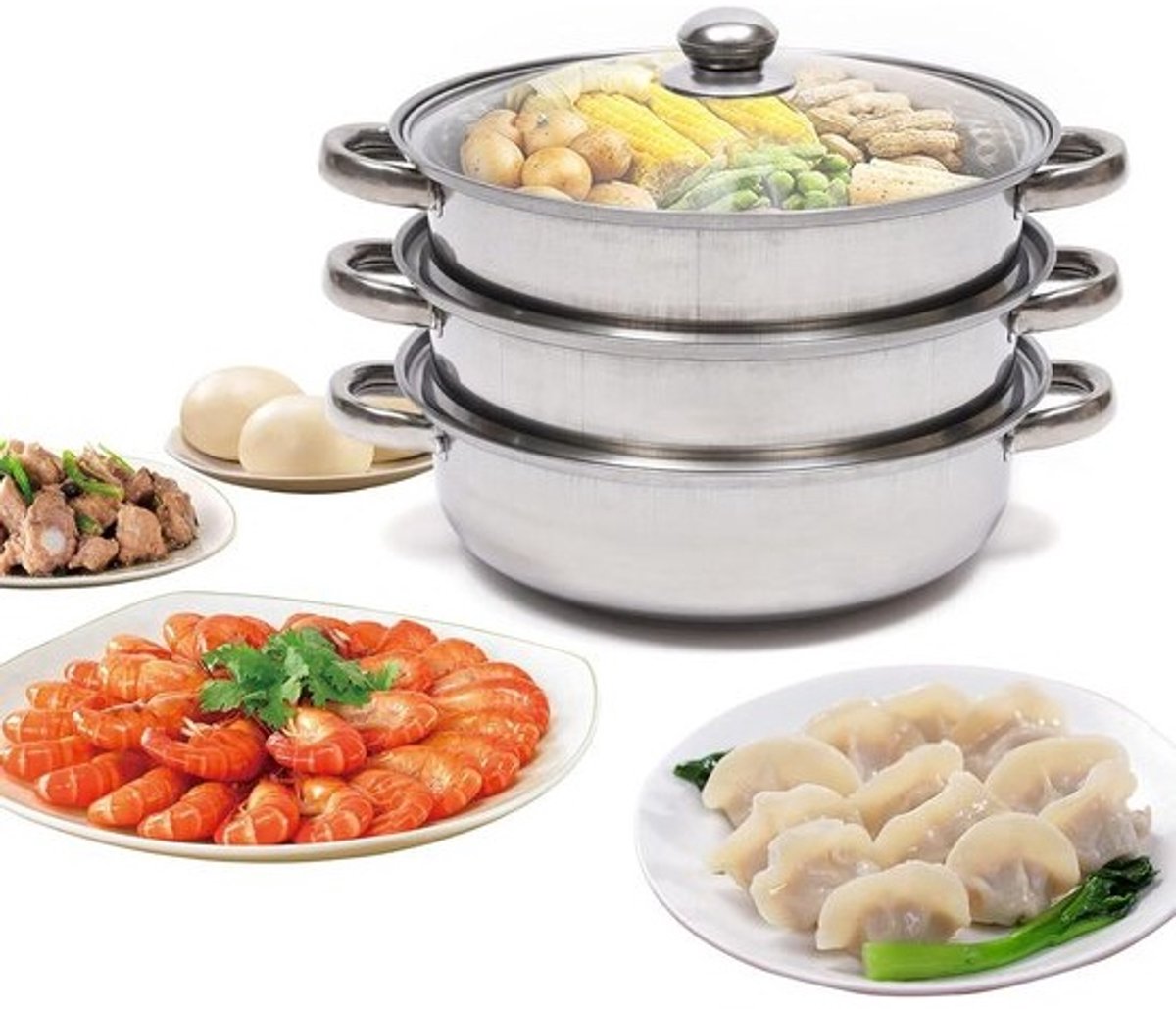 Drielaagse stoompan - Kookpan met stomer - Voor gezond koken - Roestvrij staal - 28 cm - Zilverkleurig
