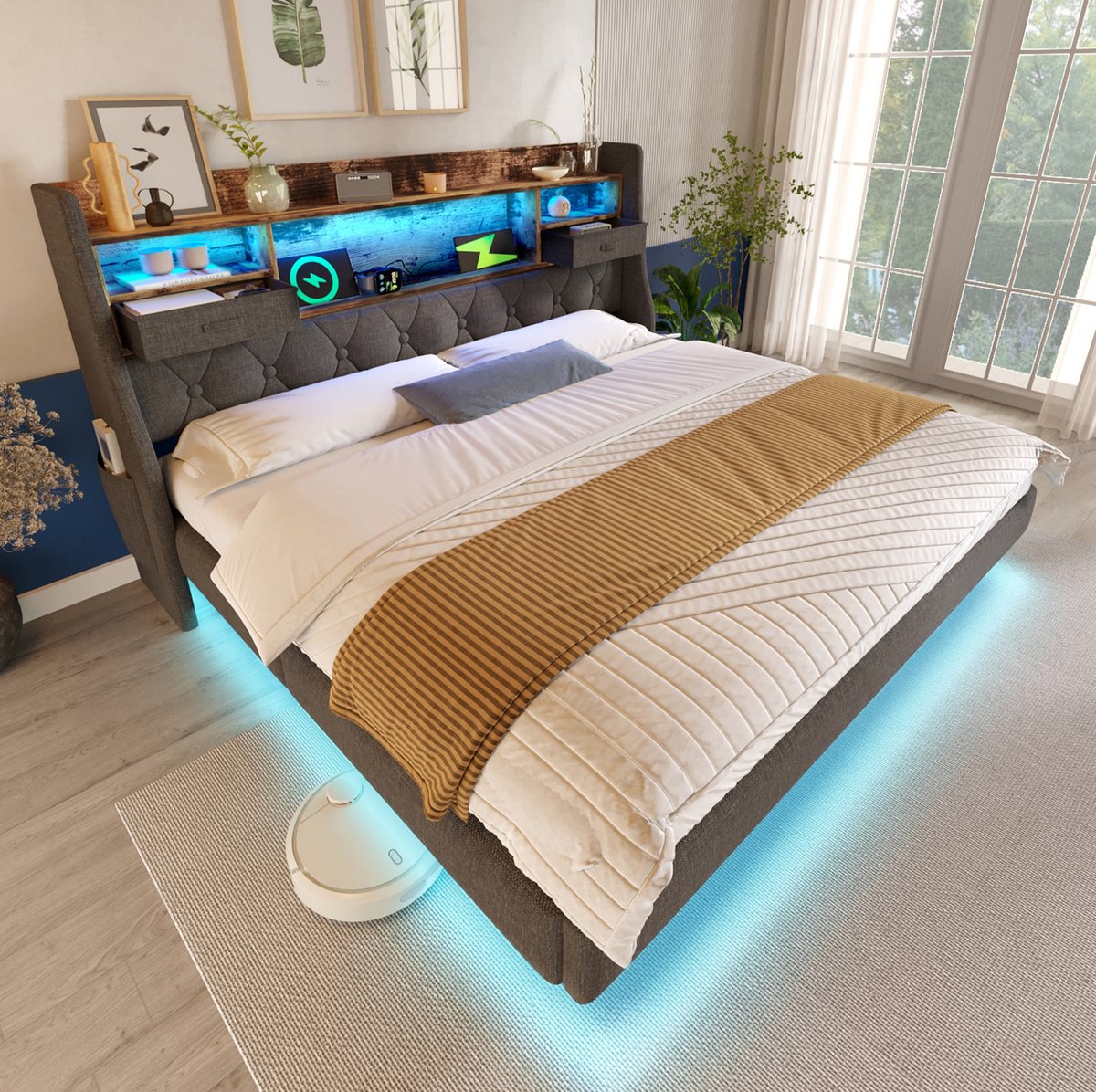 WUVRIE Gestoffeerd bed 140x200 cm met LED, laadstation, opbergend hoofdbord en lattenbodem, grijs