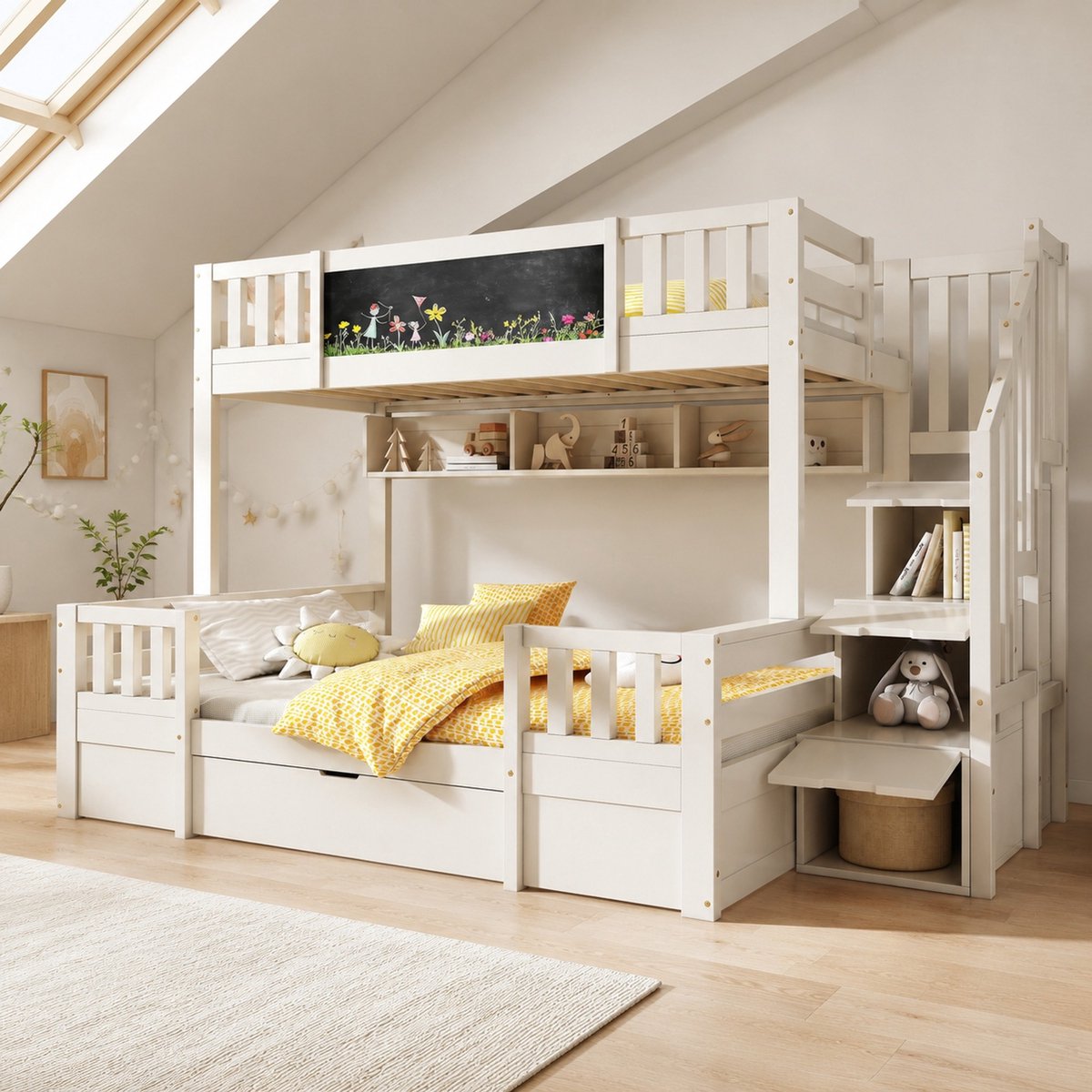 WUVRIE Stapelbed 90x200 en 140x200 cm met opbergtrap, lades en krijtbord, wit