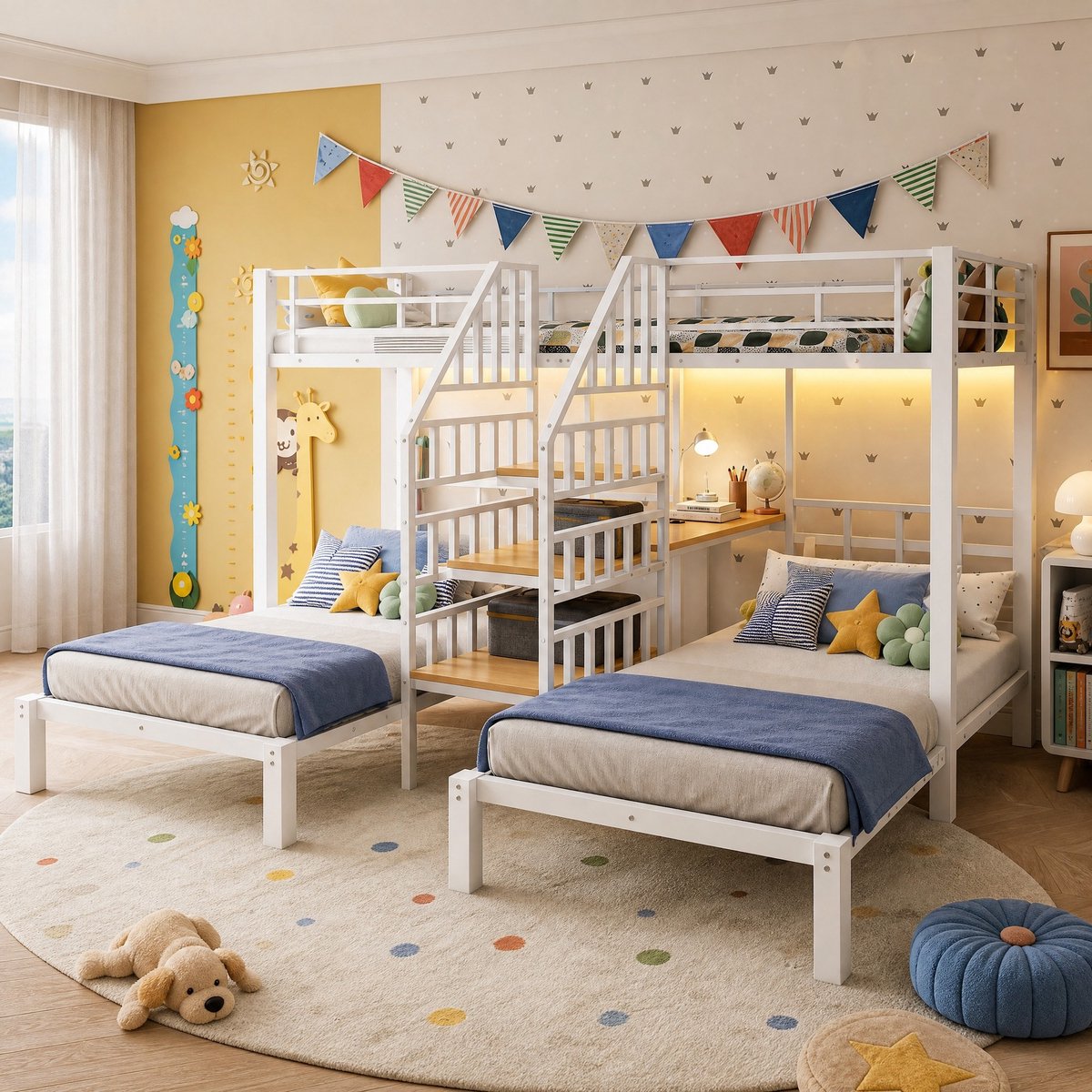 WUVRIE Stapelbed 90x200 cm met 3 slaapplaatsen, bureau, opbergtrap, LED, USB en stopcontact, wit