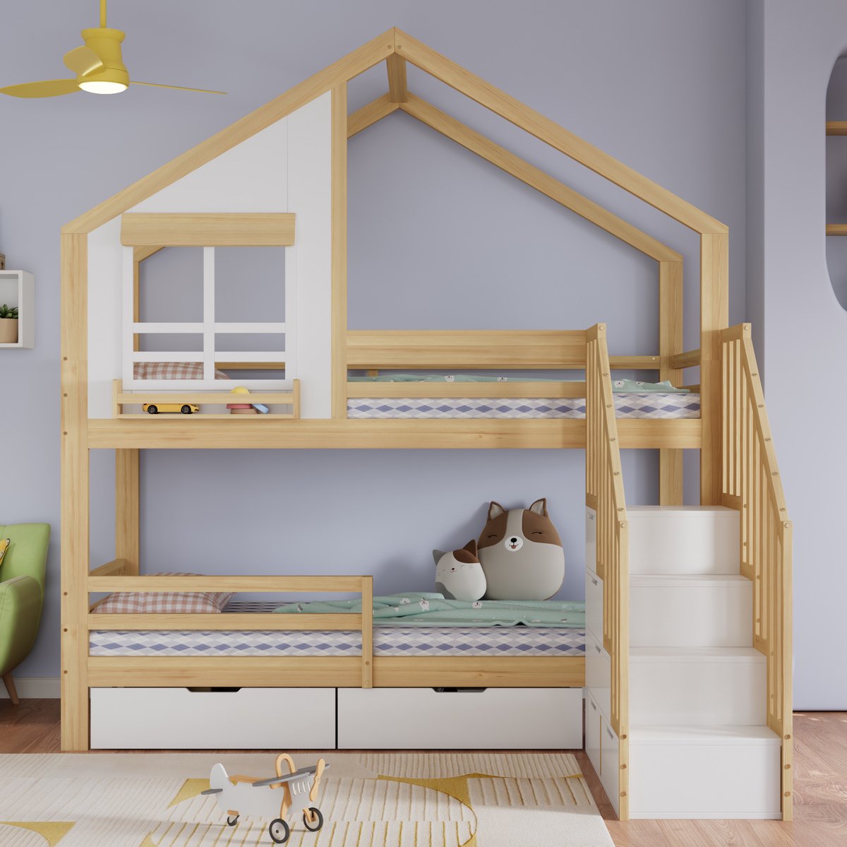 WUVRIE Stapelbed 90x200 cm met trap, leuningen, opberglades en huisbedvensters, wit/naturel